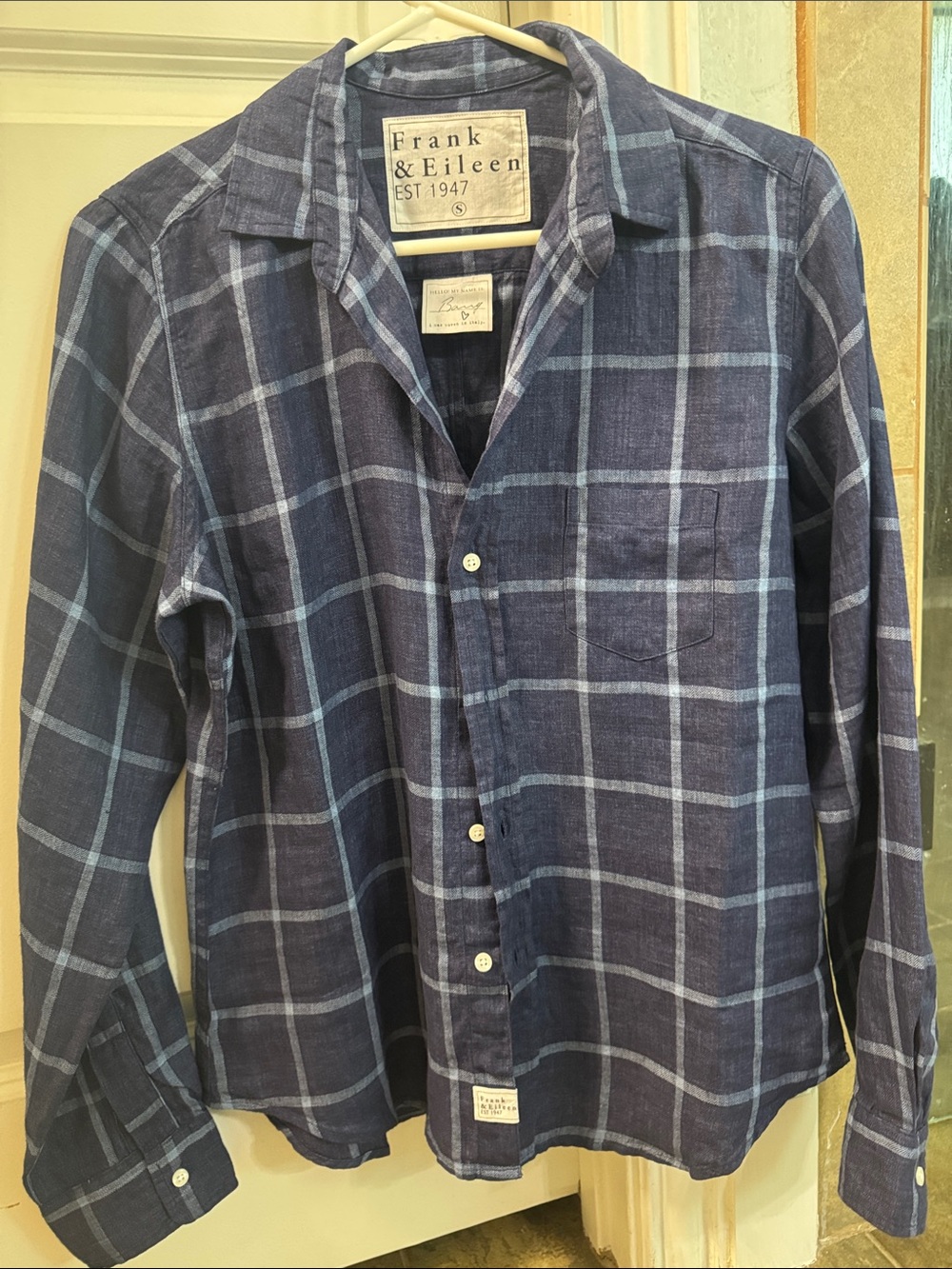 Frank & Eileen Navy and Light Blue Windowpane Linen Button-Down